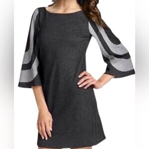 Trina Turk Hijinx Bell Sleeve Mini Dress, size 8, Charcoal Grey/Light Grey